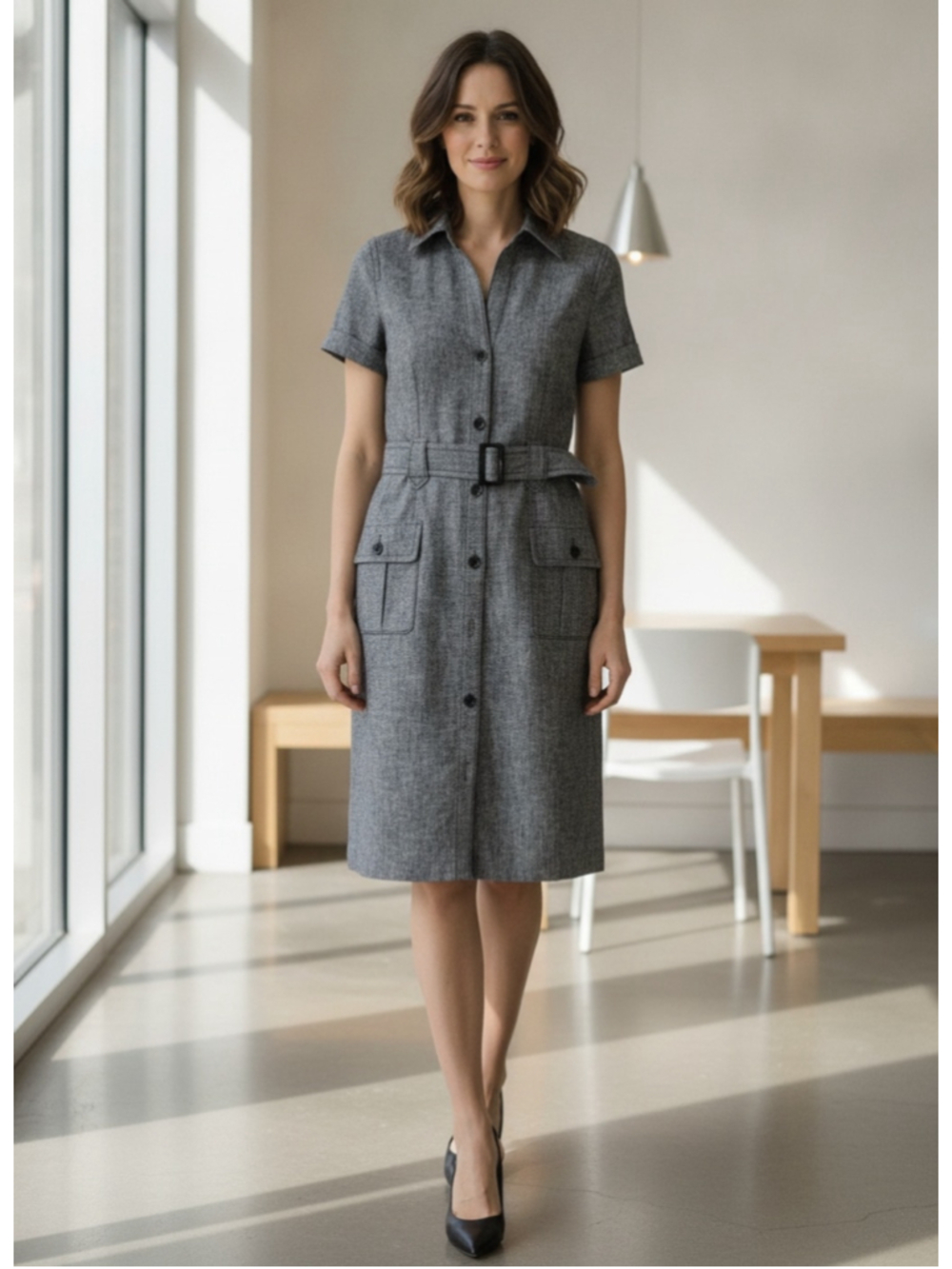 Ann Taylor Petite Linen Midi Grey/Black Belted Shirt Dress Size 4P (15” PTP)